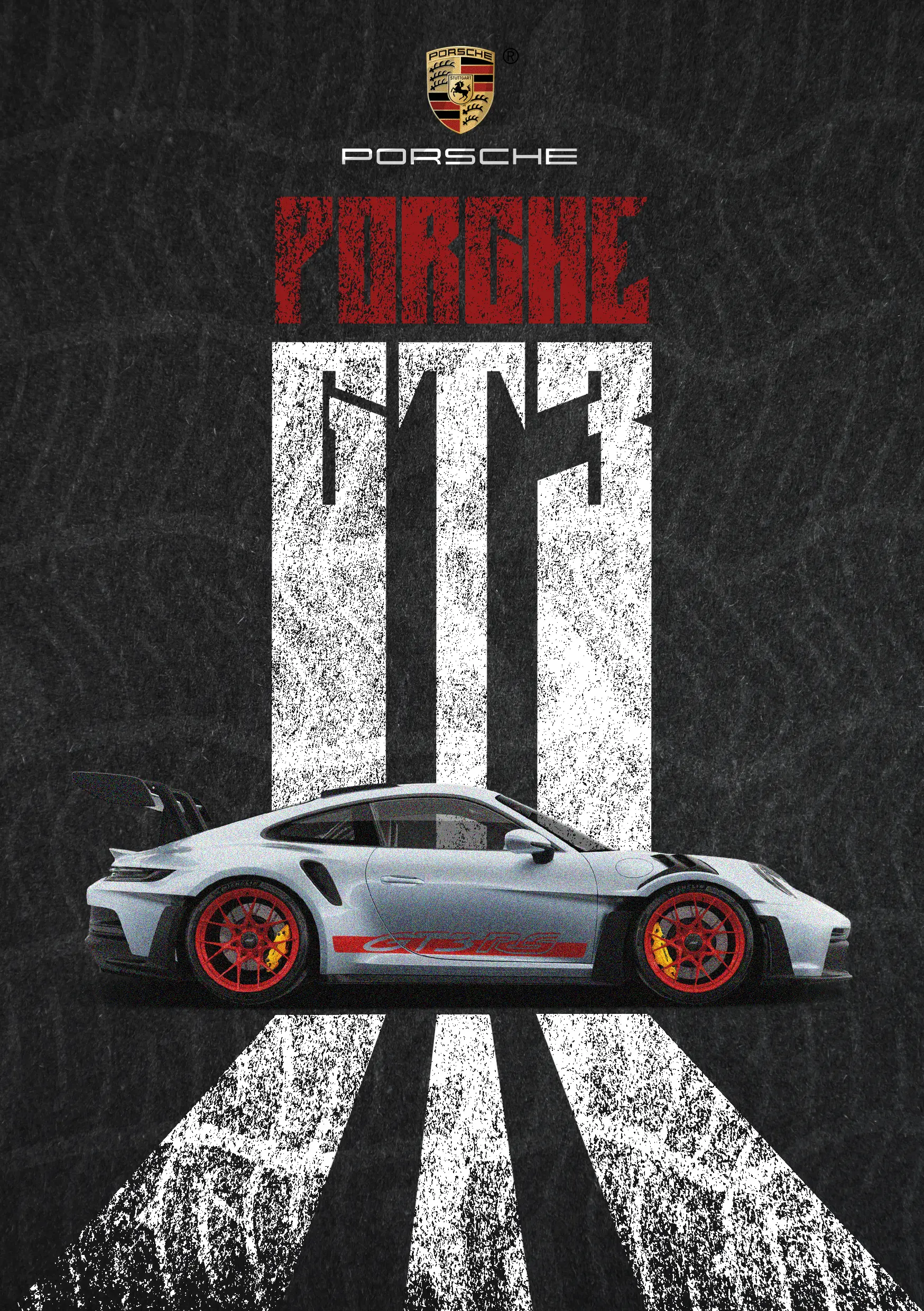 Voiture de sport Porsche GT3 RS avec un design audacieux et granuleux, montrant la voiture en vue de profil, sur un fond texturé avec le logo Porsche.par FGM Technologies, agence de marketing digital Maroc