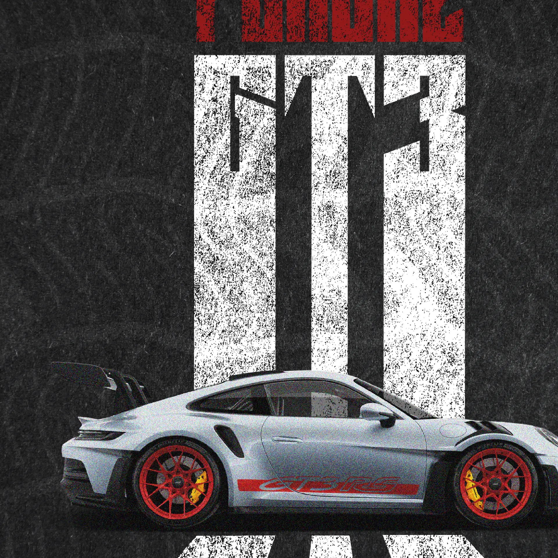 Voiture de sport Porsche GT3 RS avec un design audacieux et granuleux, montrant la voiture en vue de profil, sur un fond texturé avec le logo Porsche.
